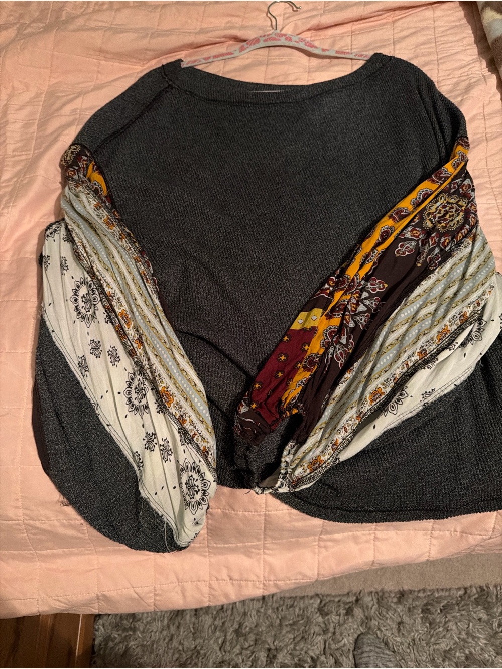 We The Free Charcoal Knit Pullover with Printed Multi-Panel Sleeves